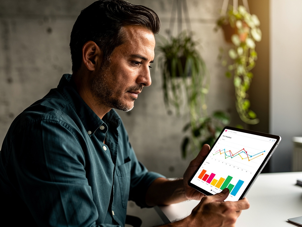 Propietario de negocio revisando datos de analítica web